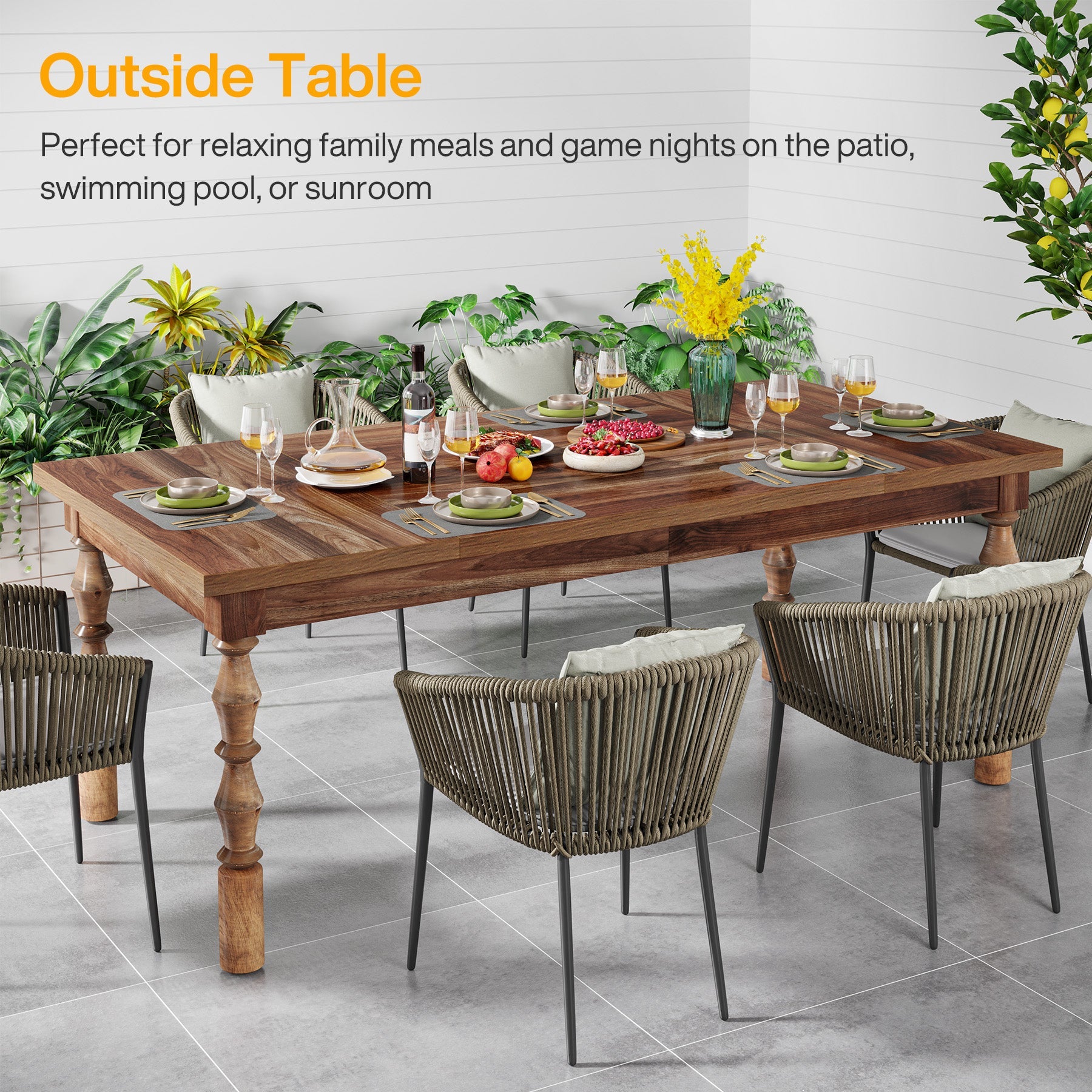 Wood Dining Table, 62” Large Kitchen Table with Carved Turned Legs for 4-6 People Tribesigns